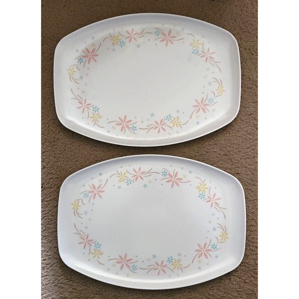 Vintage Stetson Melmac Platters (2) Pink Yellow Blue Floral Pattern  10” X 14”